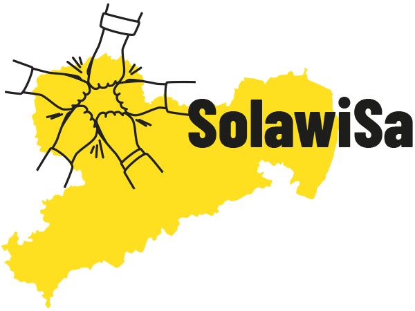 Vorläufiges Logo des Projekts "Solidarische Landwirtschaften in Sachsen" mit einer gelben geografischen Karte von Sachsen, 5 Händen die sich abklatschen und dem Schriftzug SolawiSa